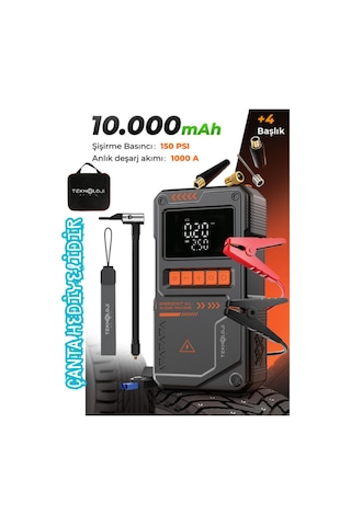 Şarjlı Akü Takviye Cihazı Pompa Powerbank El Feneri Oto Kompresör 10000mah Anahtarlık-çanta