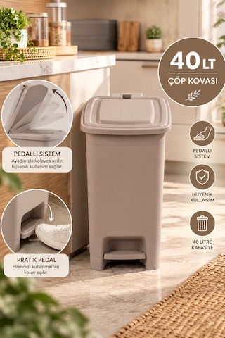 Porsima 1143 Slim Pedallı Mutfak Çöp Kovası 40 Lt - Geniş Hacimli Hijyenik Pedallı Çöp Kutusu Cafe Latte