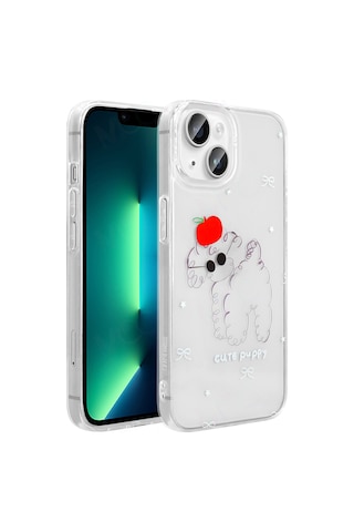Techaks Apple Uyumlu iPhone 13 Kılıf Şeffaf Figürlü Zore Folk Sert Kapak - Kalp Beyaz