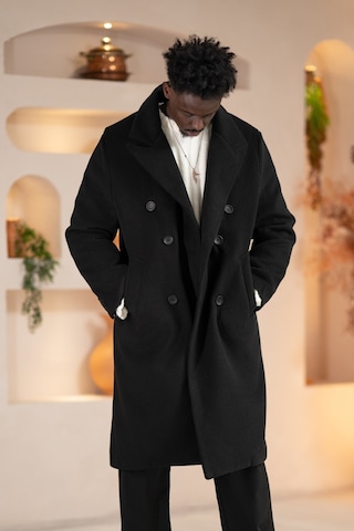 İtalyan Geniş Yaka Oversize Bol Kesim Salaş Uzun Kaban Siyah