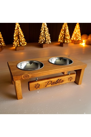 Woodesk Pati Doğal Ahşap Özel İsim İşlemeli Mama Ve Su Kabı