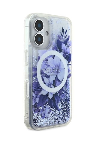 Apple Uyumlu iPhone 16 Plus Kılıf Guess Lisanslı Magsafe Şarj Özellikli Sıvılı Simli Çiçek Desenli Mor