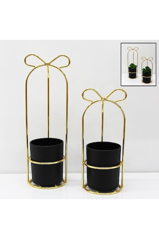 Camlı Dekoratif Metal Mumluk Fener Gold Altın Rengi 2'li