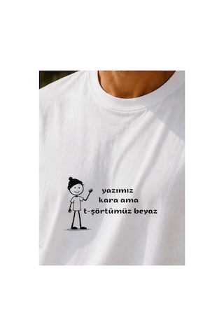 Qmen Style Unisex Beyaz Oversize Baskılı T-shirt Espirili Kara Yazı Baskılı %100 Pamuk