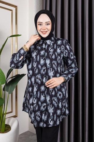Hira Life Fashion Kadın Tesettür Giyim Ve Spor Giyime Uygun Düğme Detaylı Şık Desenler Dokuma Viskon Gömlek-tunik Gri 3 Gri 3