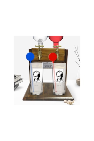 Kişiye Özel Renkli Baskılı Atatürk Temalı İkili Vodka Bardağı Ve Çift Musluklu Doğal Ahşap Vodka Standı-13