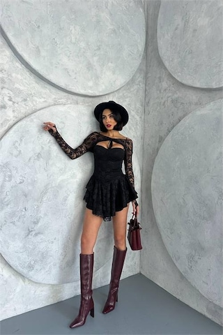 Kadın Bolero Detaylı Güpür Prenses Elbise Dpnbdf107 Siyah