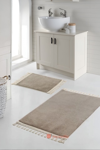 Simirna Ponpon Saçaklı Peluş Yıkanabilir Kaymaz Banyo Paspası 2'li Klozet Takımı Vizon Vizon