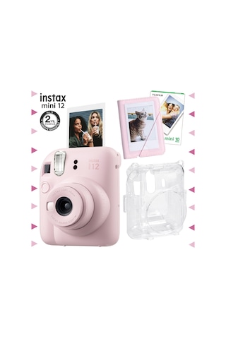 Fujifilm Instax Mini 12 Fotoğraf Makinesi + 10'lu Film + Mini Albüm + Şeffaf Kılıf Seti Pembe