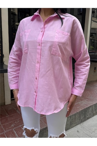 WeShaya Pembe Oversize Pamuk Karışımlı Cepli Gömlek Pembe