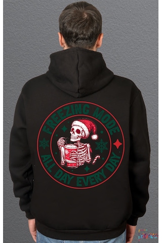 Bumeta Freezing Mode Christmas Yeniyıl Sweatshirt Unisex Kapüşonlu Hoodie Siyah