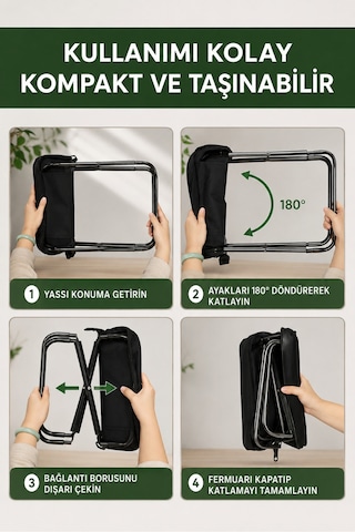 Kamp Taburesi Çantalı Katlanır Taşınabilir Hafif Dayanıklı Kaymaz Ayaklı Outdoor Oturma Sandalyesi Siyah