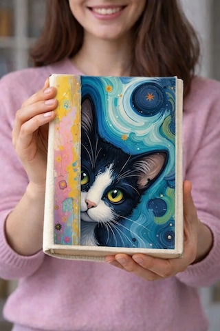 Kedi Desenli Bez Kitap Kılıfı Sanatsal Baskılı Kumaş Kitap Kabı, Kitap Koruyucu Kılıf