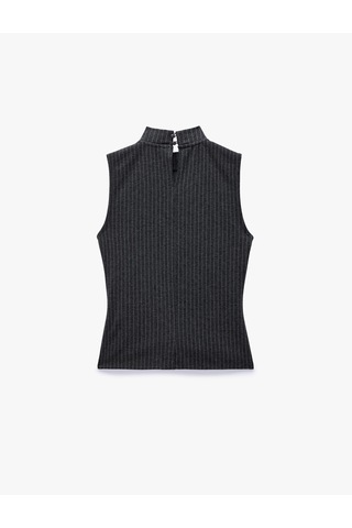 Koton Slim Fit Bağlama Detaylı Kruvaze Çizgili Dik Yaka Kolsuz Bluz Gri Çizgili 7wak10074ek