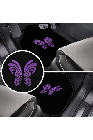 Kelebek Desenli Mor Nakışlı 5 Parça Siyah Oto Halı Paspas Seti Kadın Sürücülere Özel Şık Tasarım