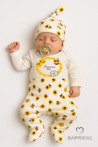 Babyden's Dayısının Balı Yazılı 3 Lü Takım Uzun Kollu Body, Patikli Alt Ve Şapka ,arılı Çiçek Desenli Bebek Takımı Ekru