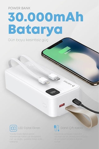 Taşınabilir 30.000 Mah Powerbank 22.5w Pd Hızlı Şarj, Led Gösterge, Android & Apple Uyumlu iOS Beyaz