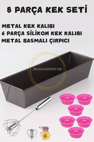 Bossandmuse 8 Parça Pasta Seti Metal Kek Kalıbı 6'lı Mufin Silikon Kek Kalıbı Yumurta Çırpıcı Gri