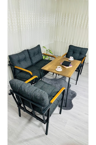 Madame Home Kadife Balkon, Bahçe,teras,cafe - Salon - Metal Kanepe Koltuk Takımı - 2+1+1 + Masa Antrasit