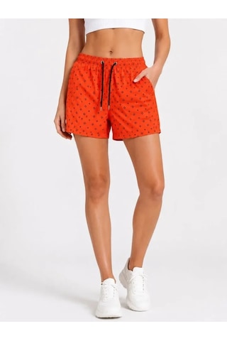 Modi İçi Fileli Hızlı Kuruyan Cepli Bağcıklı Deniz Şortu Desenli - Turuncu