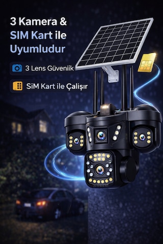 Üç Kameralı Güneş Panelli Hareket Takipli Gece Görüşlü Güvenlik Kamerası