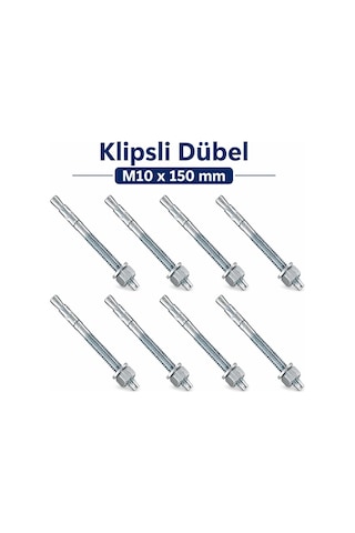 Klipsli Dübel M10x150 Mm 8 Adet Set Güçlü Tutuş Beton Tuğla Uyumlu Dayanıklı Çelik Vida