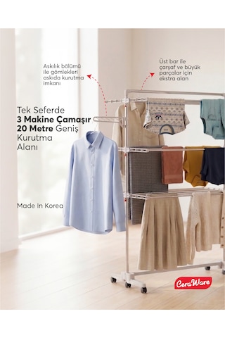 Home S3 Premium 3 Katlı Çamaşırlık Made in Korea Tam Katlanır Tekerlekli Çamaşır Kurutmalık