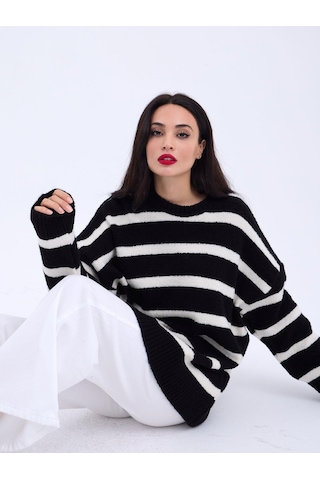 43111 Triko Çizgili Salaş Kazak-siyah-ekru Çok Renkli