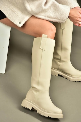 Fox Shoes V973555509 Bej Düz Tabanlı Kadın Binici Çizmesi Bej