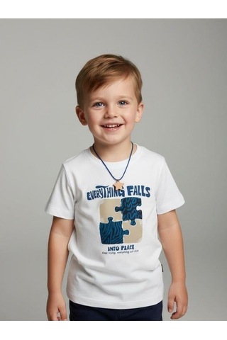 Zekids Erkek Bebek Yapboz Baskılı Pamuklu Kısa Kollu T-shirt-16930 Beyaz
