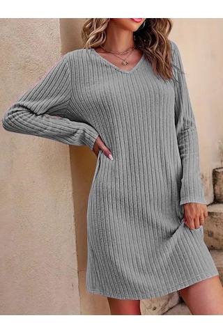 Kadın Uzun Kollu V Yakalı Kısa Şardonlu Kaşkorse Elbise Gri