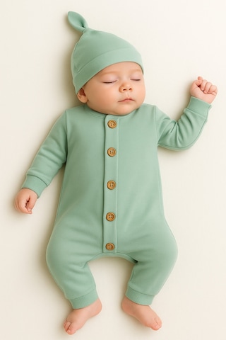 Mevsimlik %100 Pamuk Bereli Bebek Tulum Takım - Yeni Sezon Unisex Yeşil