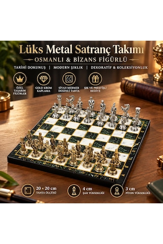 Lüks Metal Satranç Takımı Osmanlı Bizans Figürlü Krom Yeşil Mermer Desenli 20x20 Premium Hediye Seti