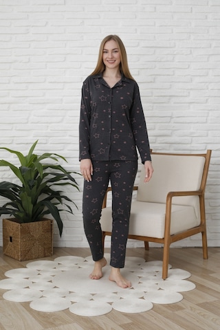 Fames Pijama Uzunkol Düğmeli Penye Pijama Takimi Kalpli Pudra