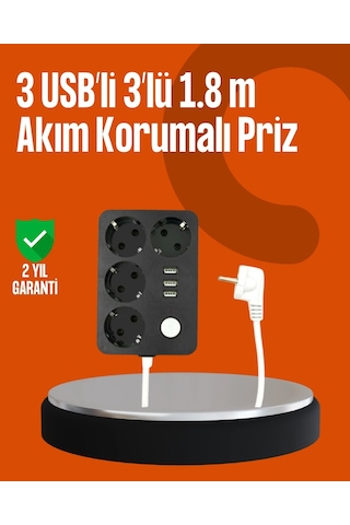Mey İthalat Akım Korumalı 3 Usb Portlu 4 Lü Priz 4.1a Hızlı Şarj