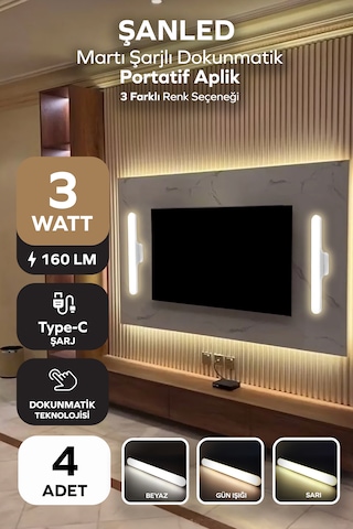 Şarjlı Mıktantıslı Işık Micro Usb Kablosuz Led 3 Farklı Işık Martı Aplik - 4 Adet Beyaz