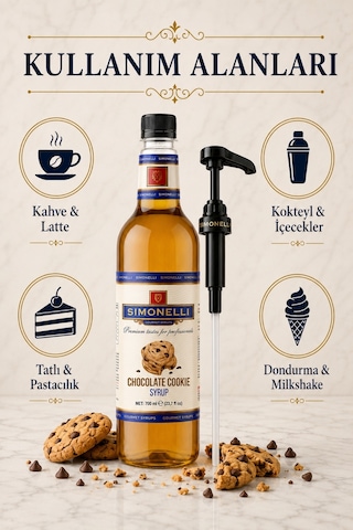 Simonelli Çikolatalı Kurabiye Chocolate Cookie Aromalı Kahve ve Kokteyl Şurubu 700 ML + Şurup Pompası - Latte Frappe Milkshake ve Tatlı Şurubu