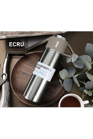 Paslanmaz Çelik Termos Silver Renk 3 Bardaklı Termos Seti Vakumlu