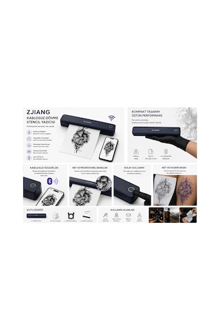 Netum Zjiang Bluetooth Taşınabilir Profesyonel Dövme Şablonu Tattoo Yazıcısı Termal Yazıcı Siyah
