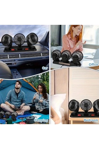 Dashanshop Siyah Güçlü 3 Başlıklı Araba Fanı 360 Dönebilir Usb 15w Çift Hız Ayarlanabilir 5 Büyük Bıçaklı Araba Ve Ev Laptop Aksesuarı
