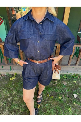 Keymoda Kadın Denim Gömlek Şort Takım Lacivert Lacivert