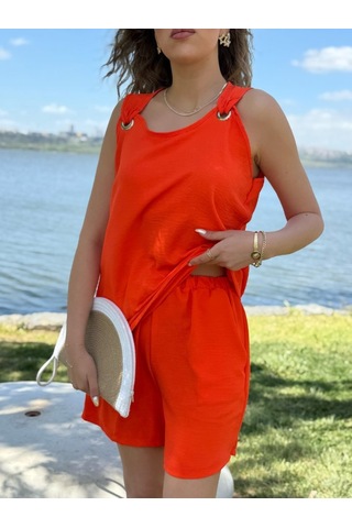 Modaserdem Kadın Kolsuz V Yaka Kuş Gözü Detay Bluz Short Aerobin Ikili Takım Turuncu