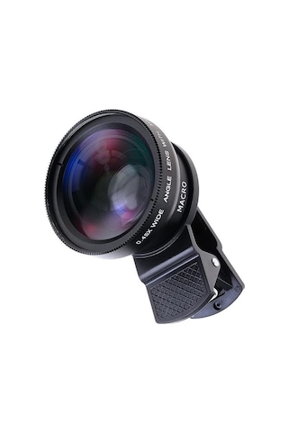 2 Si 1 Arada Klipsli Telefon Kamera Lensi 0.45x Ultra Geniş Açı 10x Makro 37mm Evrensel 49mm Uv Port Siyah Siyah