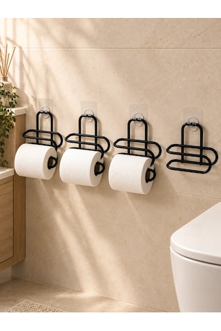 Delmeden Monte Tuvalet Kağıdı Askısı Siyah Metal Yapışkanlı Banyo Kağıtlığı 4 Lü Set Çok Renkli