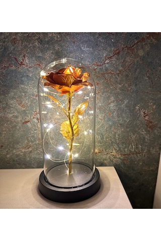 Premium Kristal Solmayan Gül Işıklı Cam Fanus - Gold