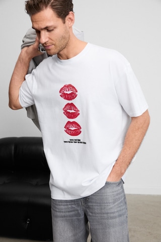 Grimelange Gıano Erkek Organik Pamuklu Bisiklet Yakalı Baskı Detaylı Oversıze Beyaz T-shirt Beyaz