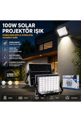 100w Güneş Enerjili Led Işık Solar Projektör - Fener Kamp - Dış Mekan 3 Farklı Led Işık 348960 Lmb