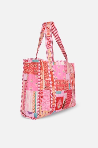 İcone Bag Patch Yama Desen Baskılı Kapitoneli Plaj Çantası, İçi Çizgili Baskılı Shopper Çanta, Pembe Plaj Çantası