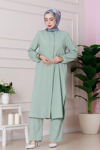 Sevitli Yırtmaç Detaylı Tunik Pantolon Takım-mint Yeşili-4862