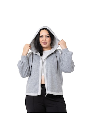 Büyük Beden Kapüşonlu Fermuarlı Üç İplik Gri Melanj Sweatshirt-gri Melanj Gri Melanj